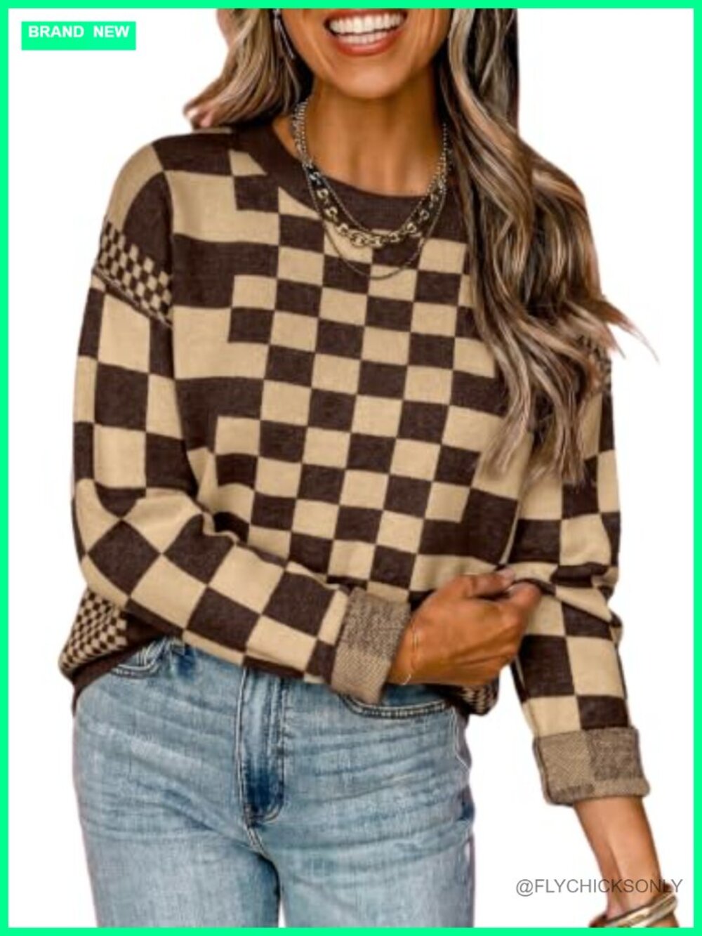 Women's Checkered Pullover Sweater Crewneck Long Sleeve Knit Fall